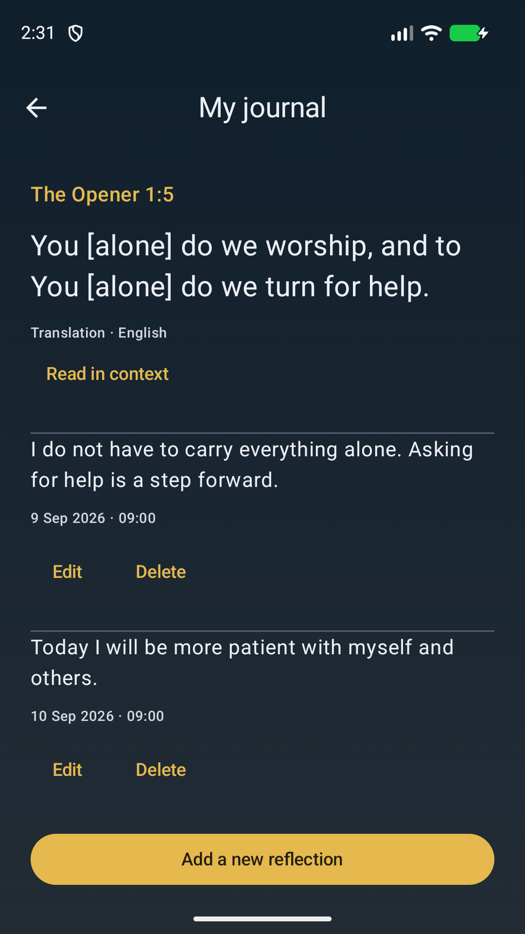 Dated reflections linked to a verse